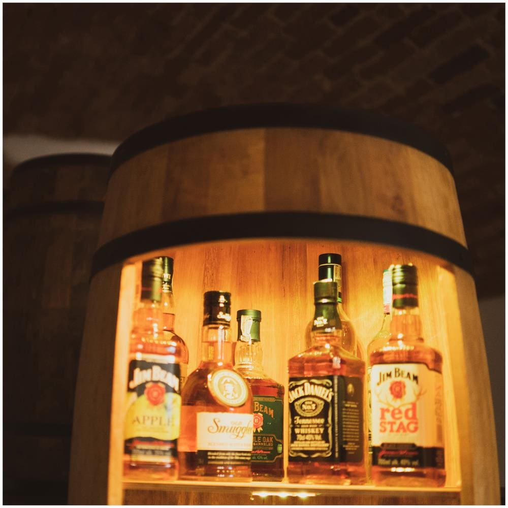 Botte In Legno Con Luci A Led Rgb, Armadietto Per Vino In Stile Retr? , Portabottiglie In Legno, Da 80 Cm Di Altezza, Elegante Decorazione Per Il Soggiorno, Tavolo E Portabottiglie (rovere)  - Foto 3