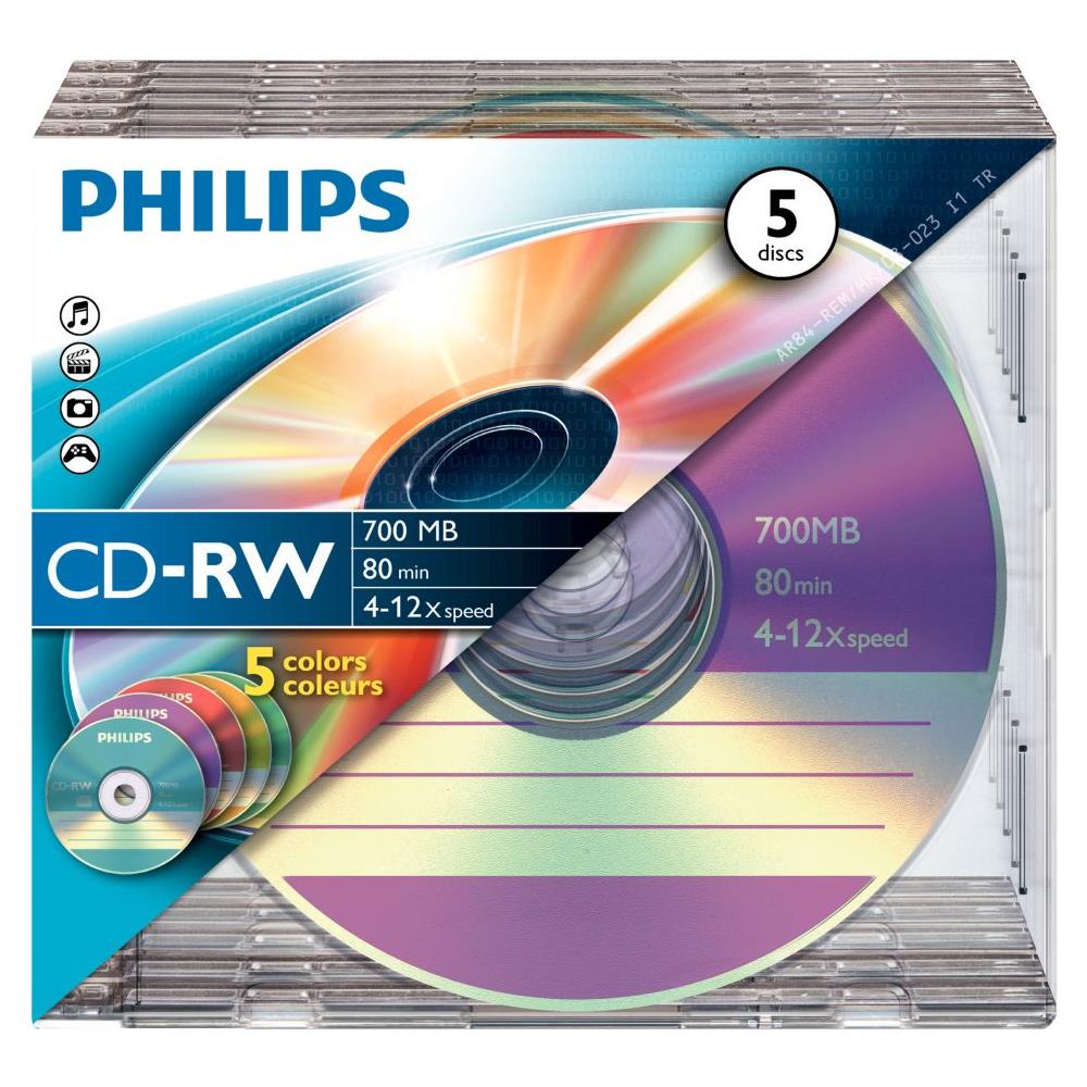 Supporto riscrivibile CD Philips CW7D2CC05/00 - CD-RW - 12x - 700 MB - 5 Pacco Slim Case - 120mm - 1,33 Ora Tempo di registrazione massimo - Foto 2