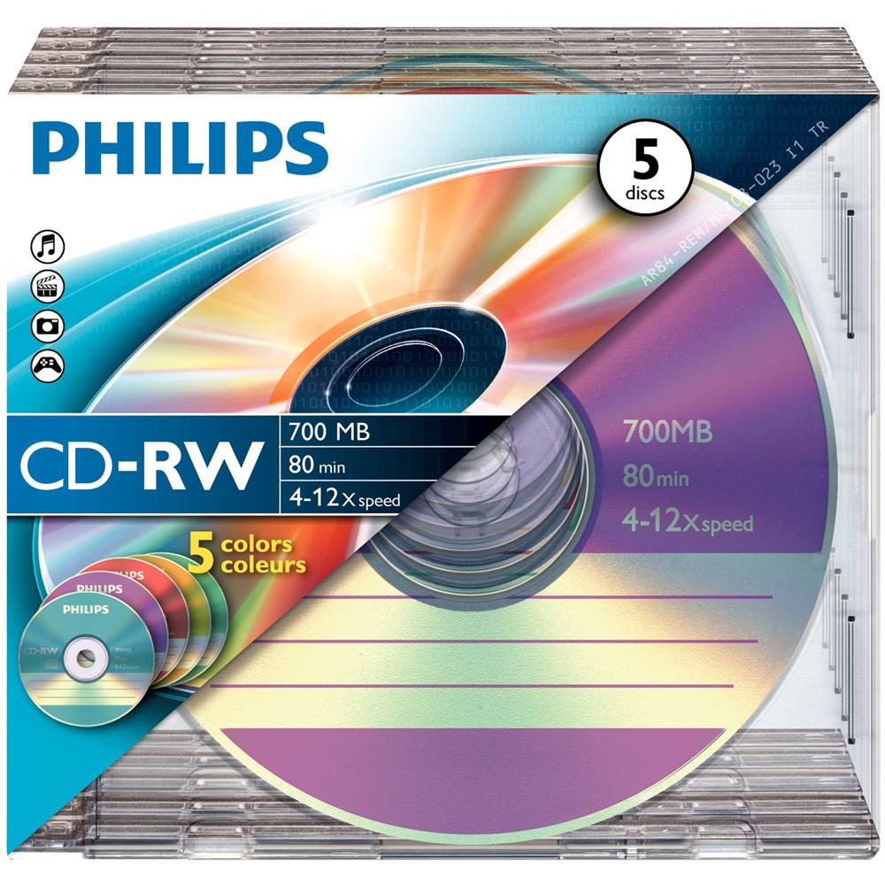 Supporto riscrivibile CD Philips CW7D2CC05/00 - CD-RW - 12x - 700 MB - 5 Pacco Slim Case - 120mm - 1,33 Ora Tempo di registrazione massimo - Foto 3