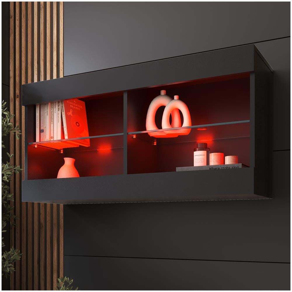 Komodee Tivoli Horizontal 100 Vetrina Sospesa, Nero/nero, Illuminazione Led Multicolore Rgb, Larghezza 100 Cm X Altezza 50 Cm X Profondità 29 Cm, Per Soggiorno, Sala Da Pranzo - Foto 1