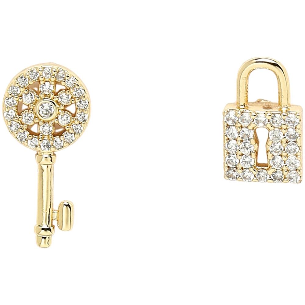 Orecchini a Bottone con Lucchetto e Chiave Placcati Oro - Foto 1