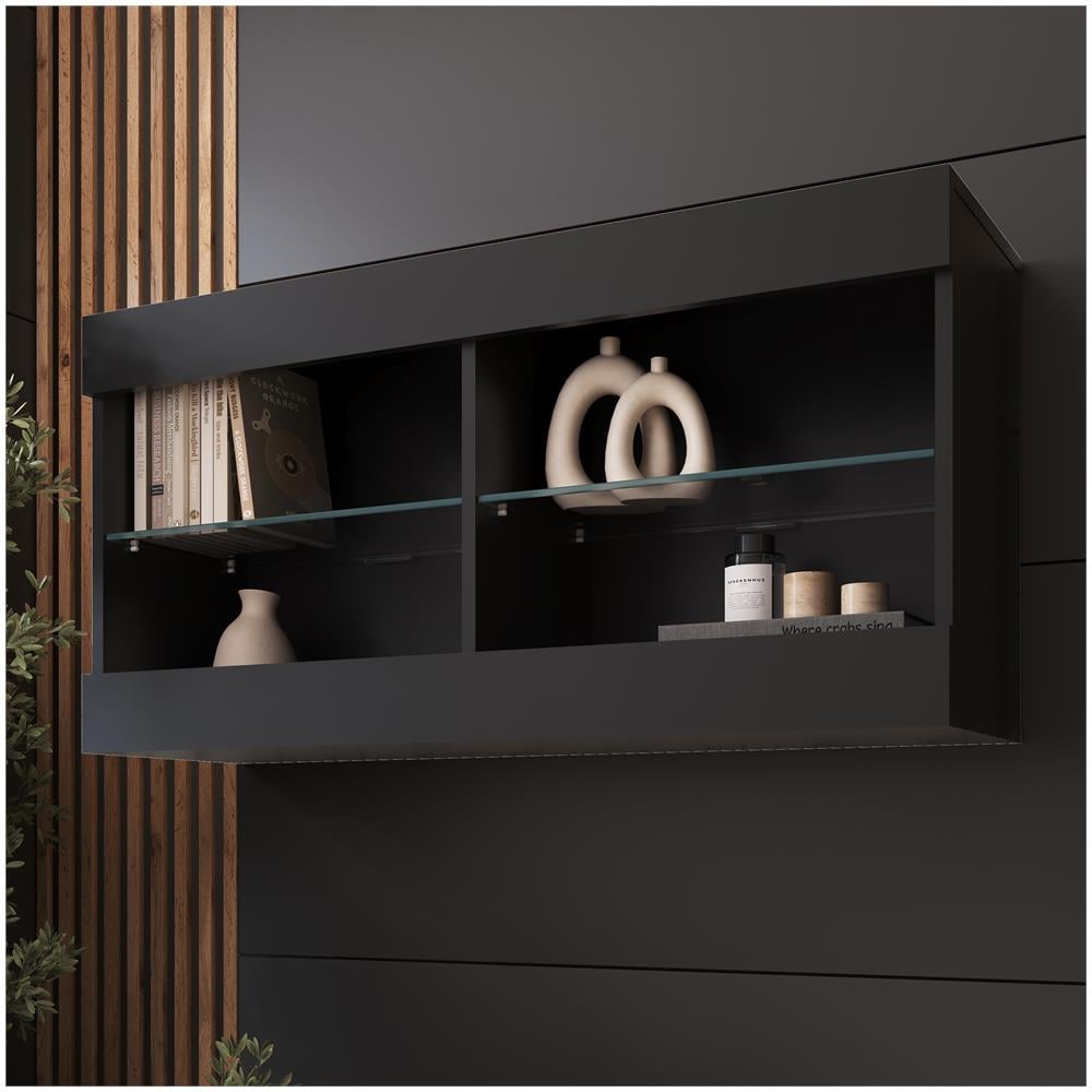 Komodee Tivoli Horizontal 100 Vetrina Sospesa, Nero/nero, Senza Led, Larghezza 100 Cm X Altezza 50 Cm X Profondità 29 Cm, Per Soggiorno, Sala Da Pranzo - Foto 1