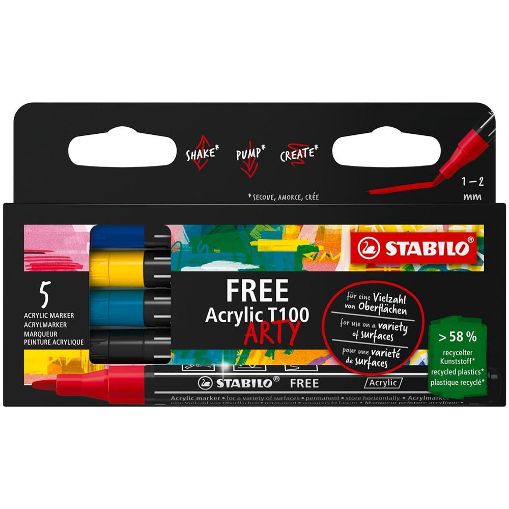 FREE Acrylic - Marker acrilico - T100 Punta rotonda 1-2mm - Royal Edition - Astuccio da 5 - Colori assortiti - Foto 1