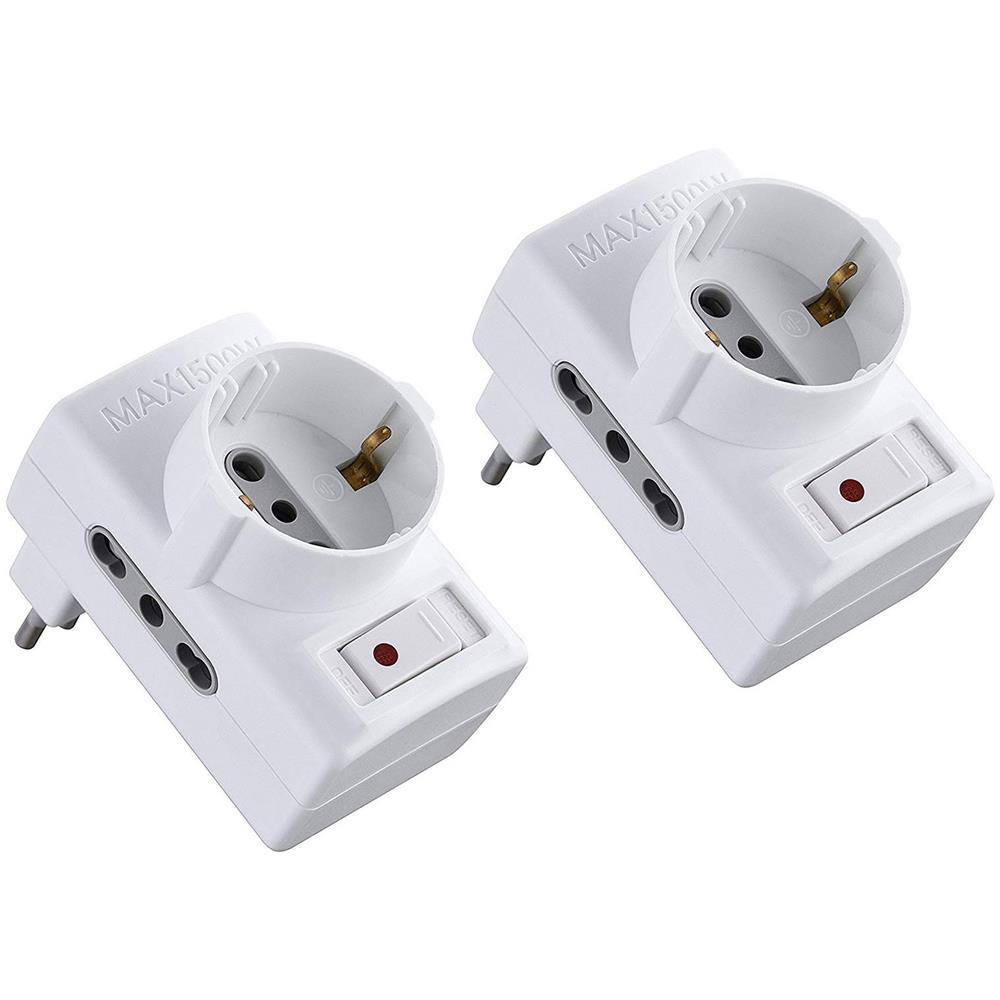 Electtaline 92208 Set 2 Adattatore Triplo Salvaspazio 2 Prese Bivalenti 10/16a E 1 Schuko Spina Piccola 10a Con Interruttore Riduttore - Foto 1