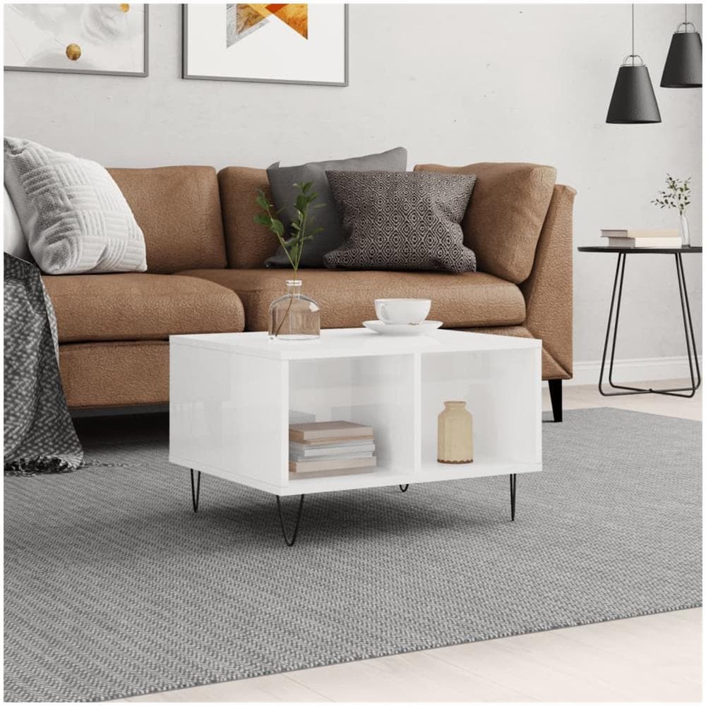 Tavolino Salotto Bianco Lucido 60x50x36,5 Cm Legno Multistrato - Foto 1