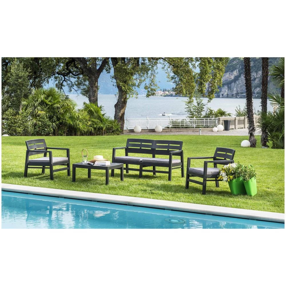 Set Salotto Da Esterno Massa, Set Da Giardino Con 2 Poltrone, 1 Divano Ed 1 Tavolino, Salottino Indoor E Outdoor Con Cuscini, 100% Made In Italy, Antracite - Foto 1
