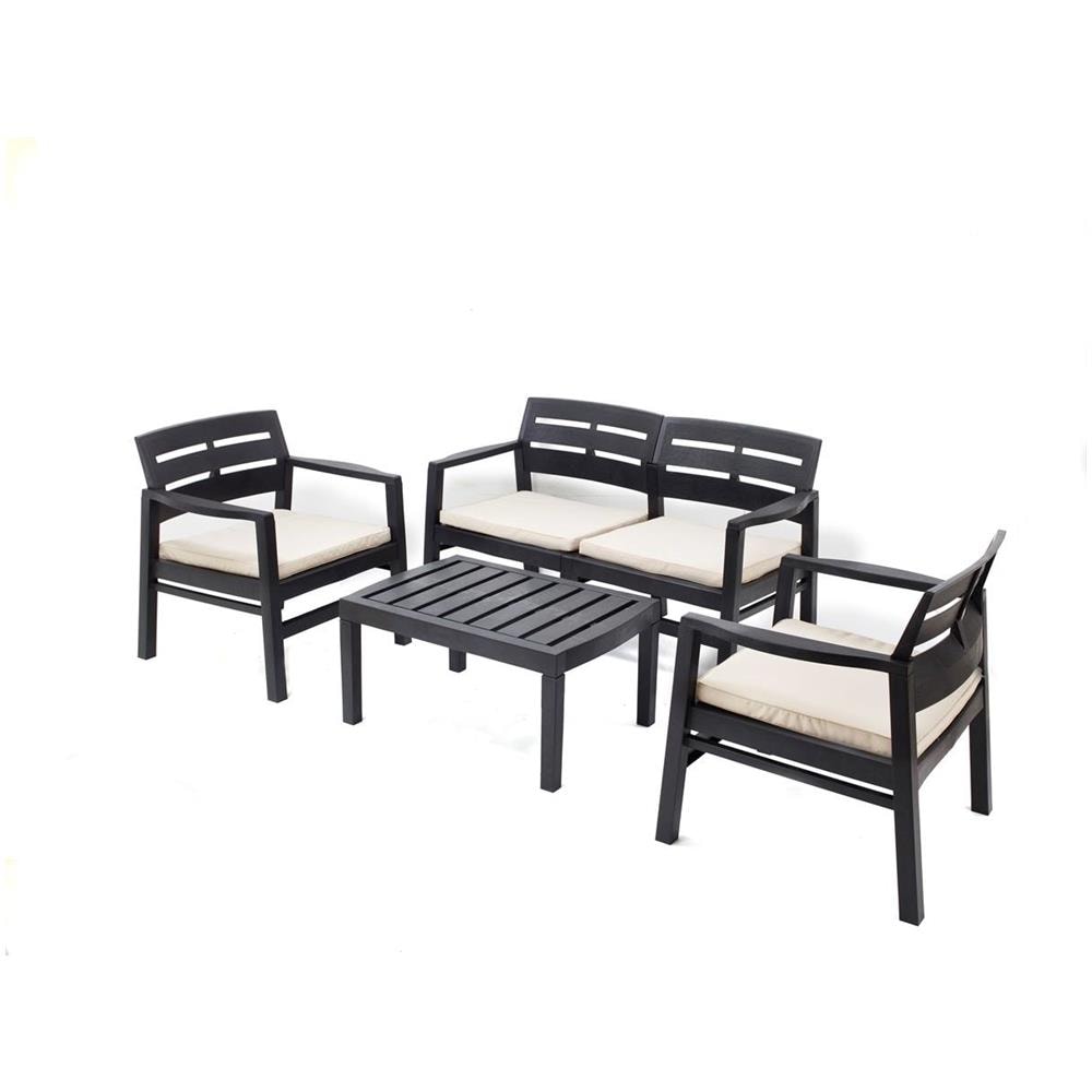 Set Salotto Da Esterno Massa, Set Da Giardino Con 2 Poltrone, 1 Divano Ed 1 Tavolino, Salottino Indoor E Outdoor Con Cuscini, 100% Made In Italy, Antracite - Foto 2