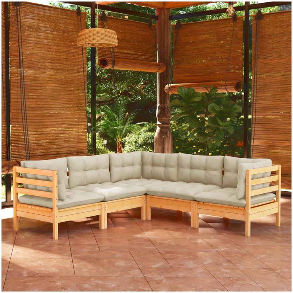Set Divani Da Giardino 5 Pz Con Cuscini Crema In Massello Di Pino - Foto 1