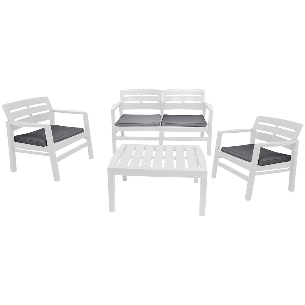 Set Salotto Da Esterno Massa, Set Da Giardino Con 2 Poltrone, 1 Divano Ed 1 Tavolino, Salottino Indoor E Outdoor Con Cuscini, 100% Made In Italy, Bianco - Foto 1