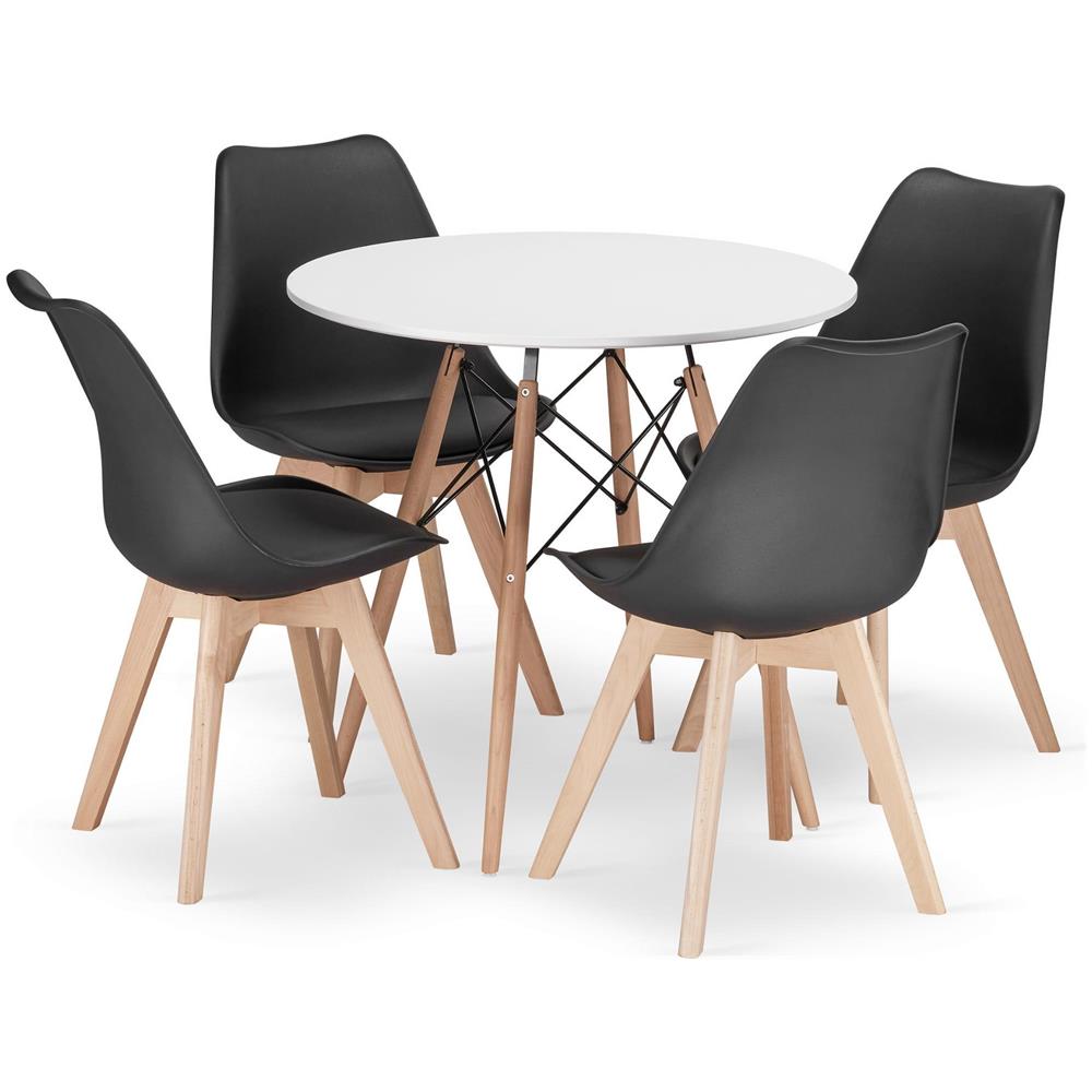 Set da tavolo rotondo bianco KOVA da 80 cm con 4 sedie RIXK nere - Foto 1