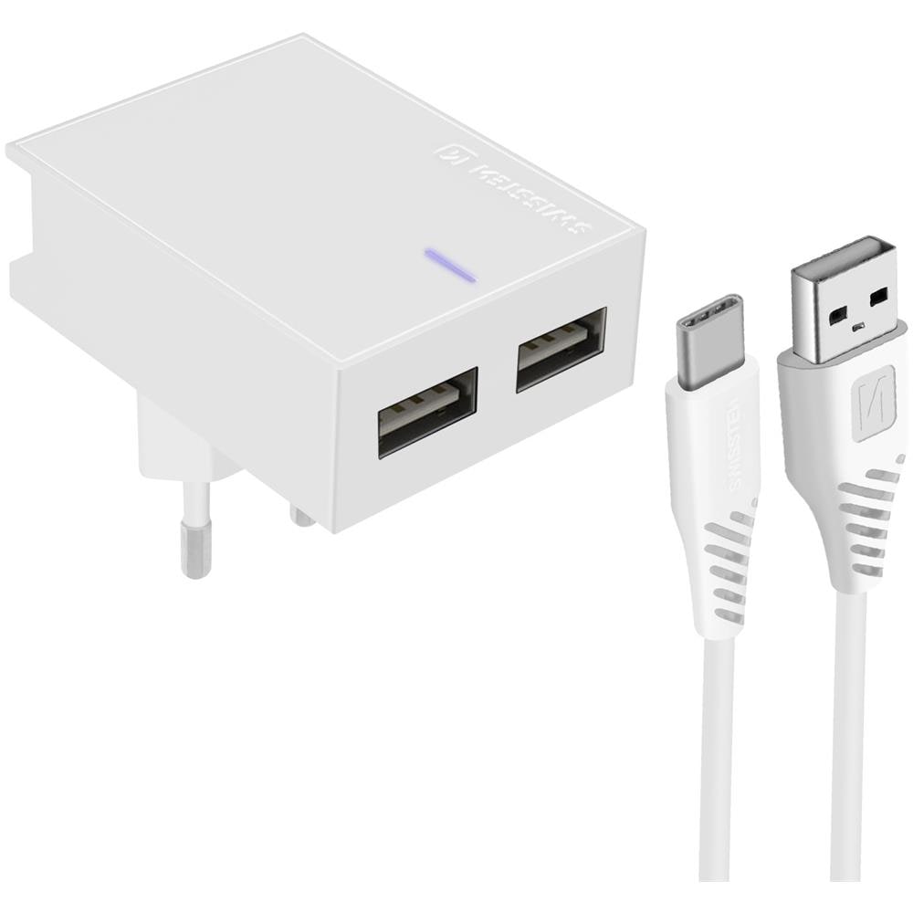 Caricatore Muro Doppio Usb 3a Smart Ic Cavo Usb-c Slim Bianco - Foto 1