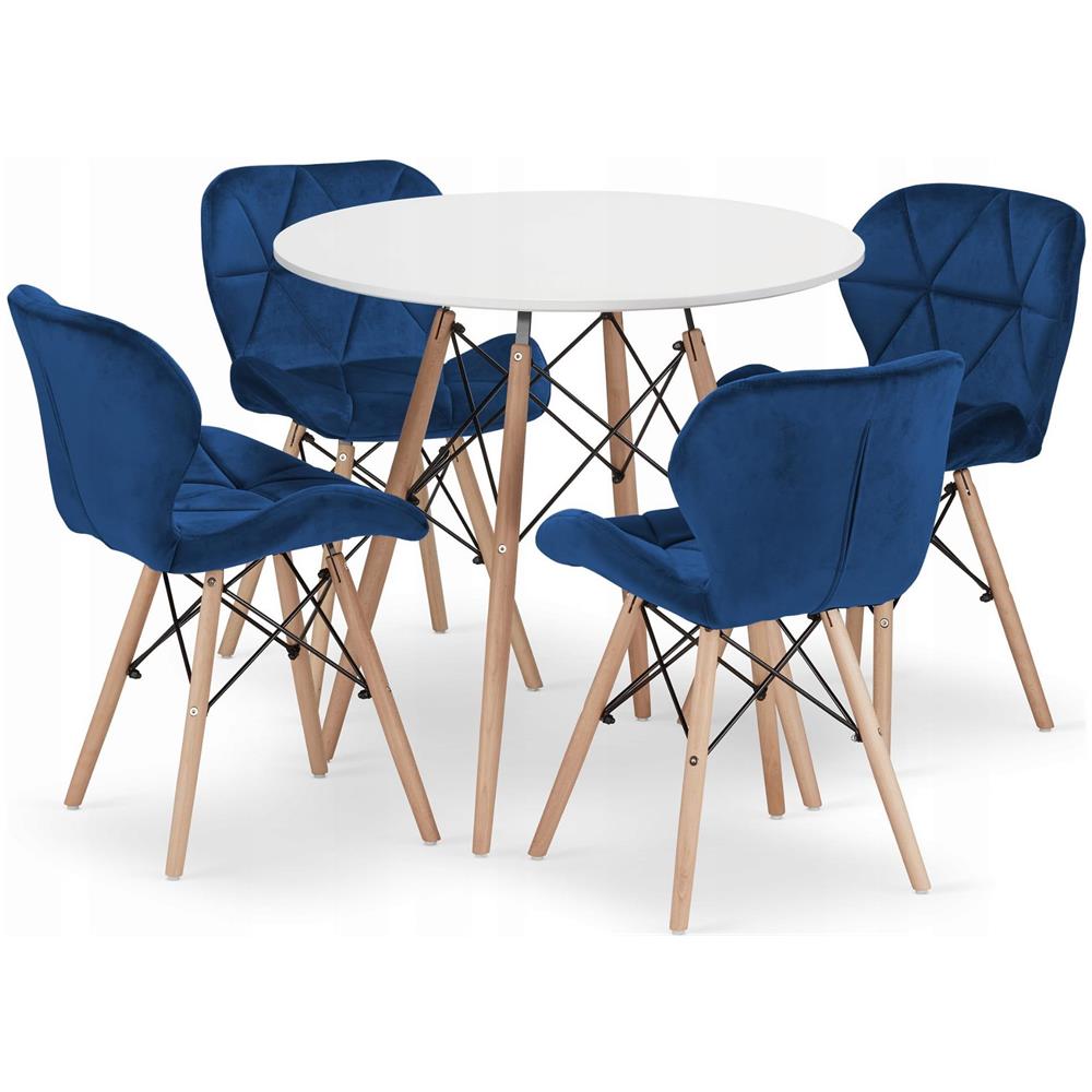 Set da tavolo rotondo bianco KOVA con 4 sedie WAKO blu navy - Foto 1