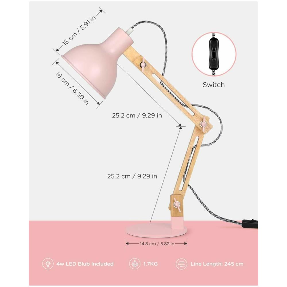 Lampada Da Lettura Design Legno Classico, Lampada Da Tavolo, Lampada Da Scrivania, Regolabile, Eye-friendly, Lampada Da Lavoro, Lampada Da Ufficio, Lampada Da Comodino, Rosa - Foto 6