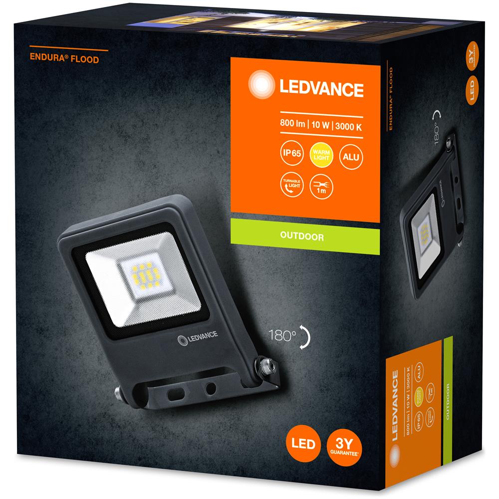 Ledvance Floodlight Led, Lampada Da Esterno, Endura® Flood Bianco Caldo / 10 W, 220…240 V, Ampiezza Fascio Luminoso: 120°, Bianco Caldo, 3000 K, Materiale: Alluminio, Ip65 - Foto 2