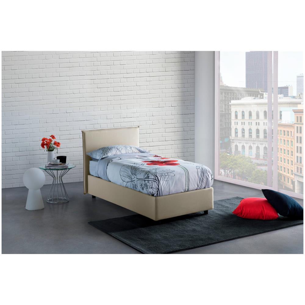 Letto Singolo Catia, Letto Contenitore Con Rivestimento In Tessuto, 100% Made In Italy, Apertura Frontale, Con Materasso Cm 80x200 Incluso, Beige - Foto 1