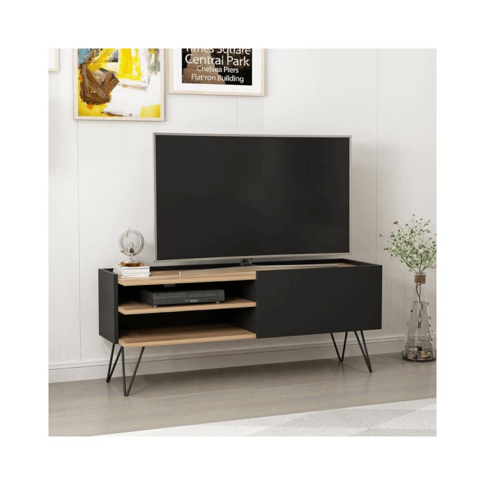 Mobile Porta Tv Aral - Moderno - Con Ante, Mensole, Ripiani - Da Soggiorno - Nero, Legno, Metallo, 124 X 37 X 50 Cm - Foto 5