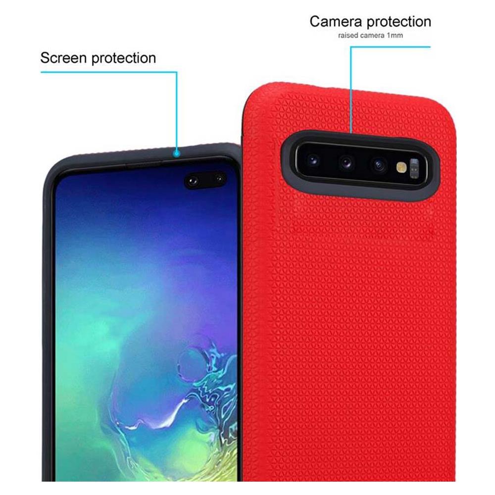 Custodia Compatibile Con Samsung Galaxy S10 Plus In Rosso Garofano - Outdoor Coperchio Protettivo Ibrido Con Superficie Antiscivolo Extra Grip Con Design A Triangolo In Silicone E Plastica - Foto 2