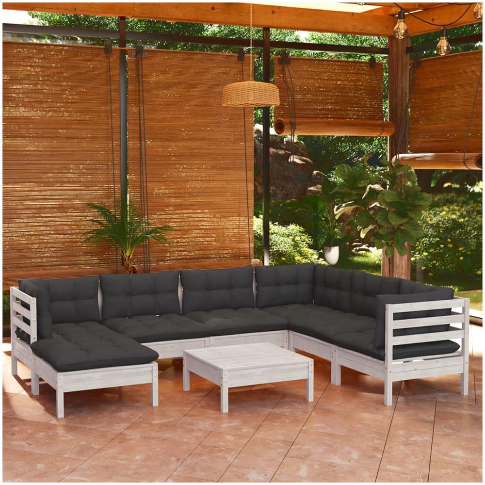 Set Divani Da Giardino 8 Pz Con Cuscini Bianchi Legno Di Pino - Foto 1