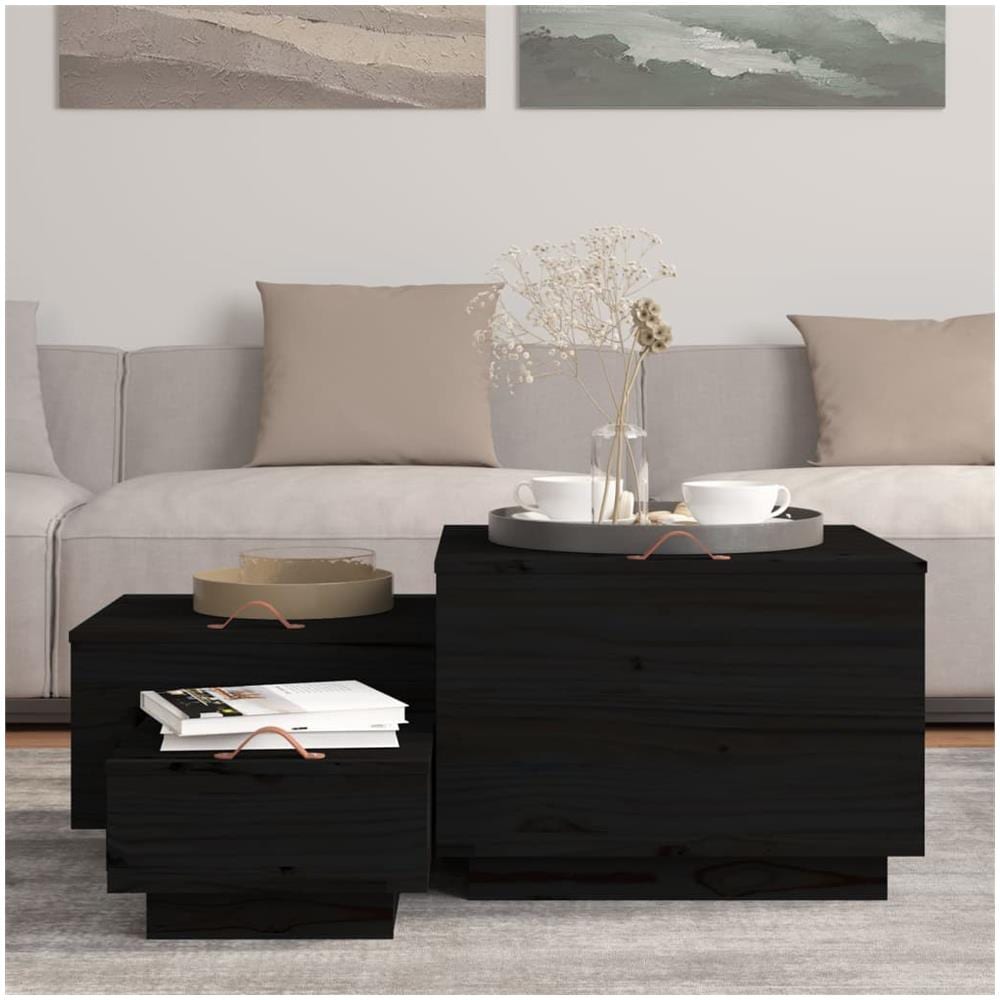 Contenitori Portaoggetti Coperchi 3pz Neri Legno Massello Pino - Foto 3