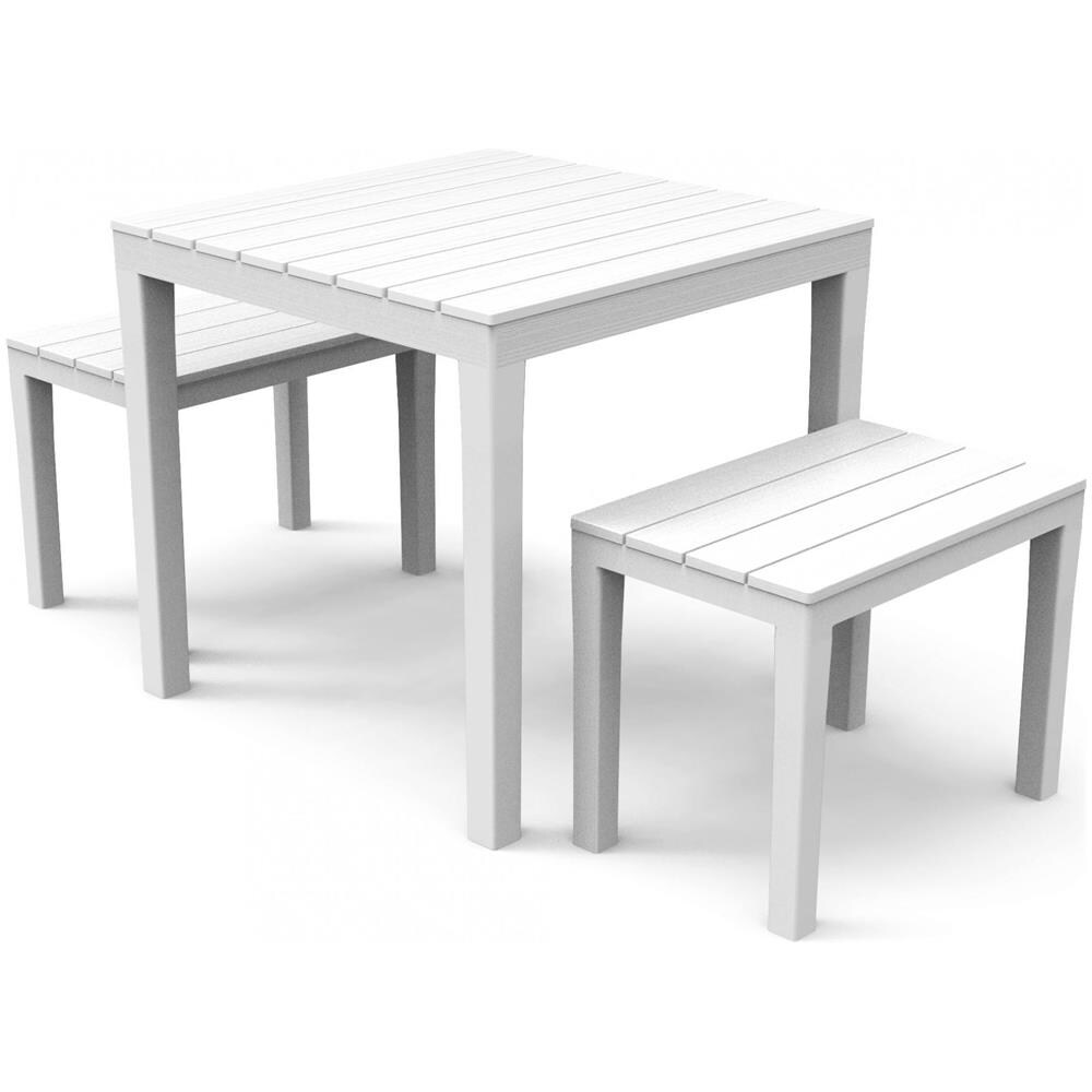Set Salotto Da Esterno Moncalieri, Set Da Giardino Con 1 Tavolo Quadrato E 2 Panche, Set Indoor E Outdoor Da Pic Nic, 100% Made In Italy, Bianco - Foto 1