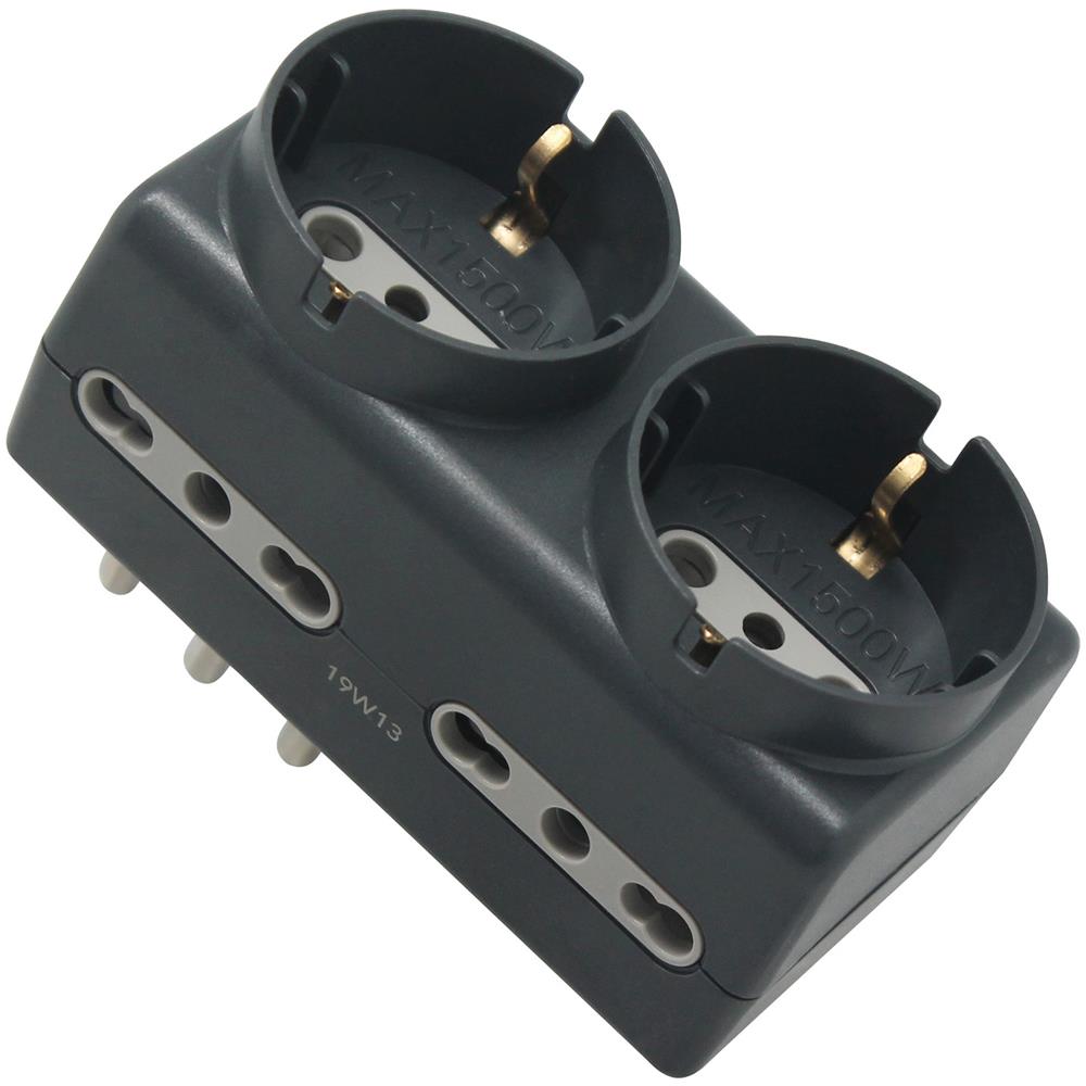 92379 Set 2 Adattatori Multipresa 6 Posti 2 Schuko + 4 Bivalenti (10/16a) Spina Grande 16a - Adattatore Ultra Compatto, Grigio Scuro - Foto 2