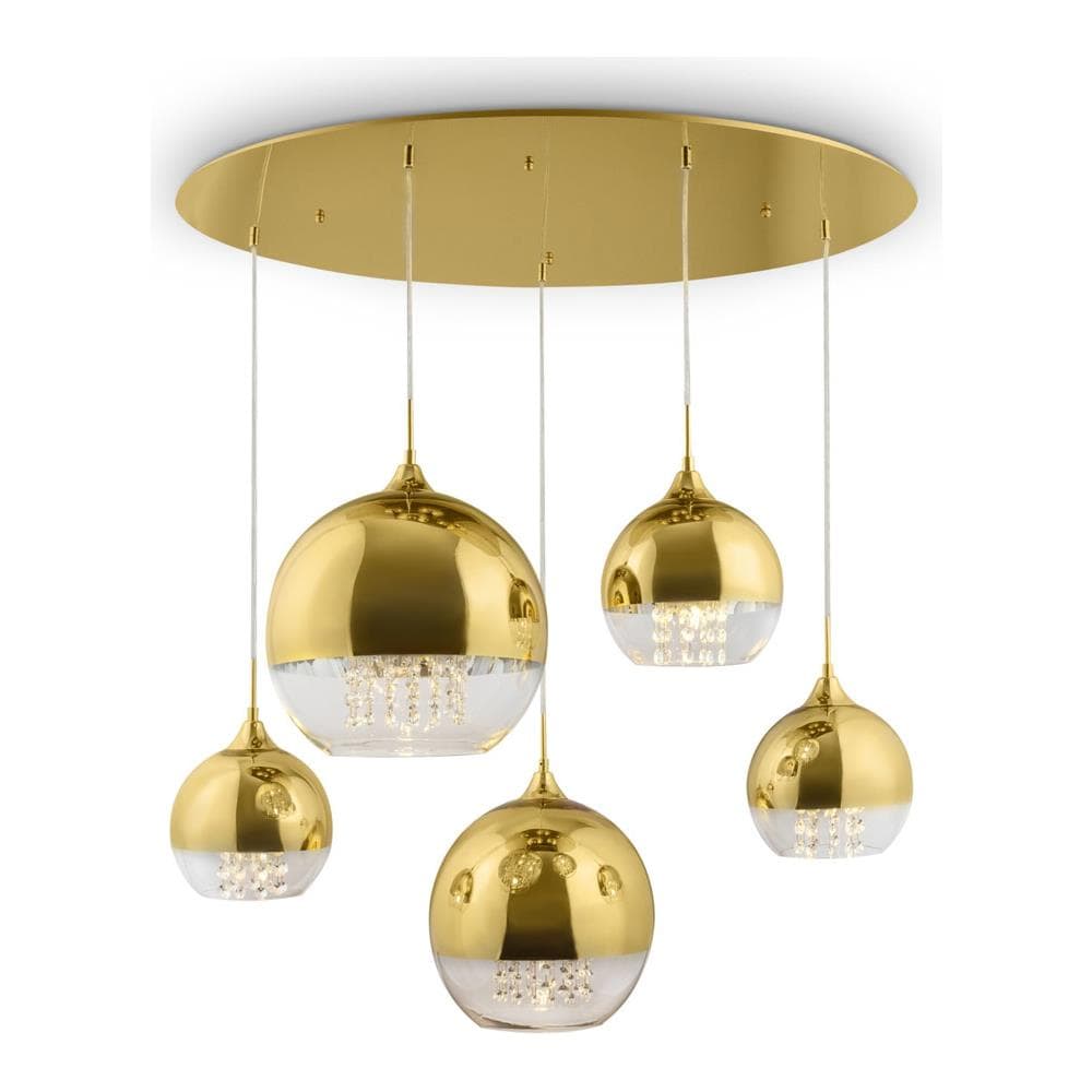 Lampadario Contemporaneo Fermi Metallo Oro 5 Luci Diffusori Vetro E Metallo - Foto 1