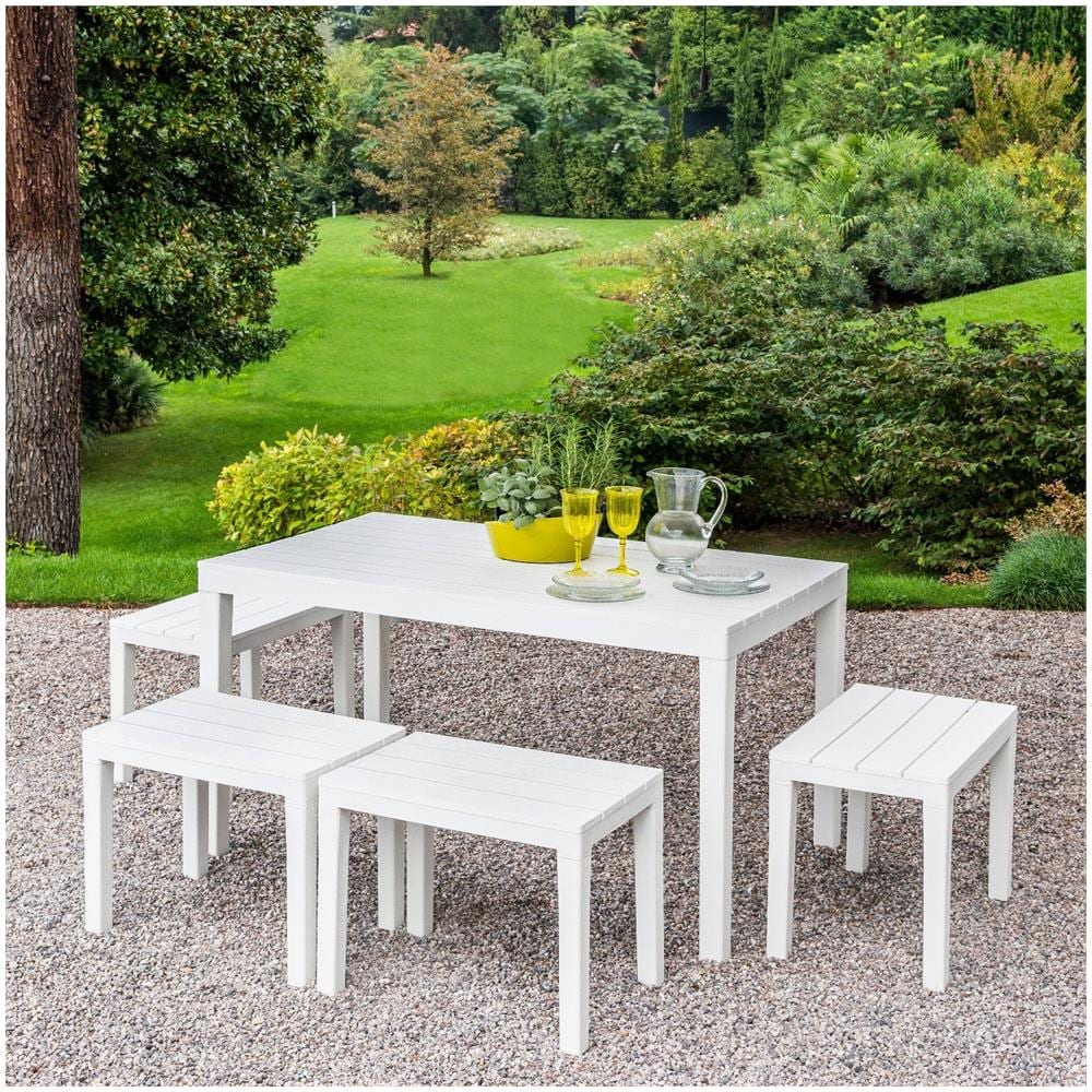 Set Salotto Da Esterno Sanremo, Set Da Giardino Con 1 Tavolo Rettangolare E 4 Panchine, Set Indoor E Outdoor Da Pic Nic, 100% Made In Italy, Bianco - Foto 1