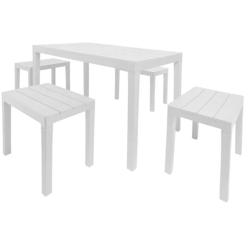 Set Salotto Da Esterno Sanremo, Set Da Giardino Con 1 Tavolo Rettangolare E 4 Panchine, Set Indoor E Outdoor Da Pic Nic, 100% Made In Italy, Bianco - Foto 2
