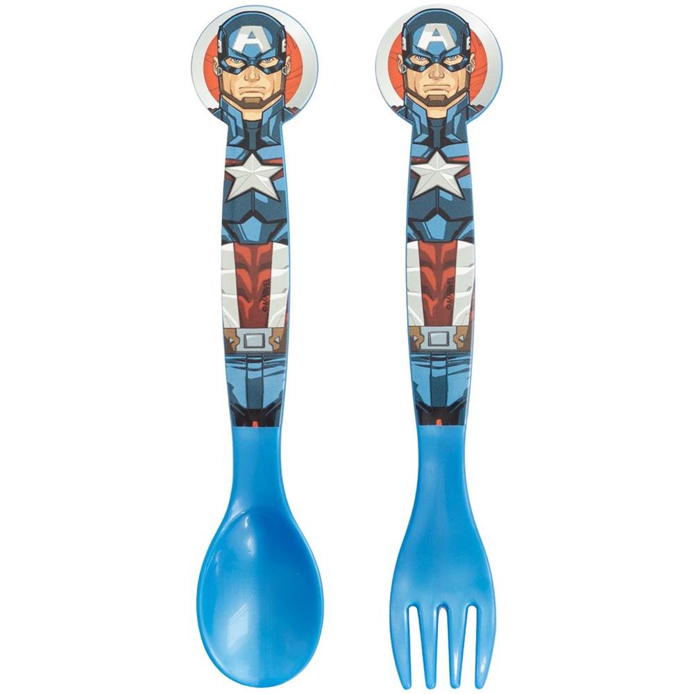 Set 2 Posate Blu Per Bambini In Plastica Avengers Captain America Forchetta E Cucchiaio - Foto 2