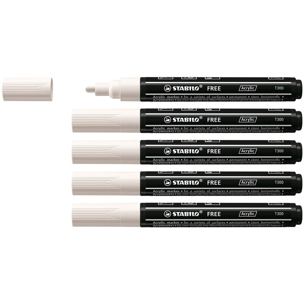 FREE Acrylic - Marker acrilico - T300 Punta rotonda 2-3mm - Confezione da 5 - Bianco - Foto 1