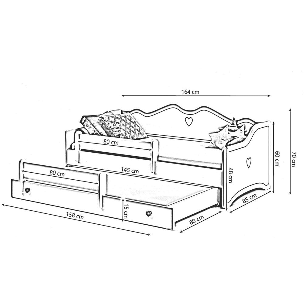 Letto Singolo Per Bambini, Divano Letto Con Secondo Lettino Estraibile, Lettino Con Decorazione Con Protezione Anticaduta, Cm 164x88h70, Colore Bianco E Rosa - Foto 3
