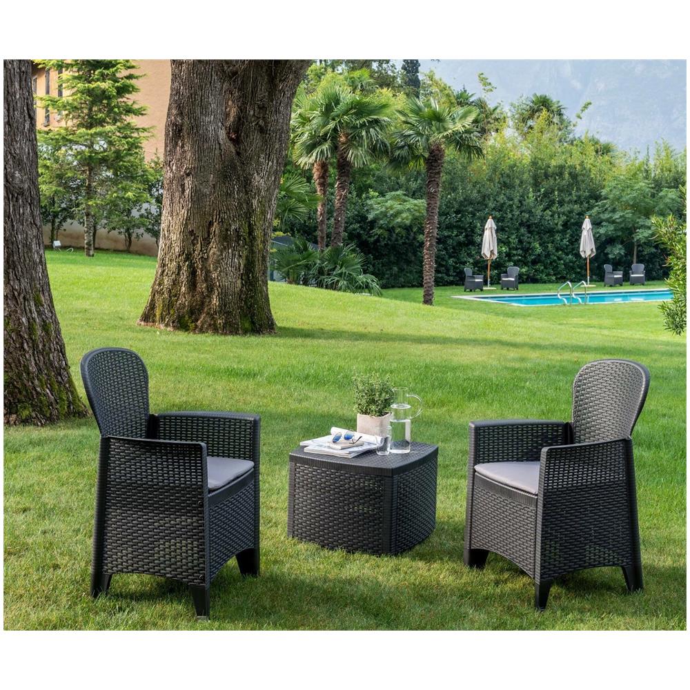 Set Salotto Da Esterno Napoli, Set Da Giardino Con 2 Poltrone Ed 1 Tavolino Contenitore, Salottino Effetto Rattan, 100% Made In Italy, Antracite - Foto 1