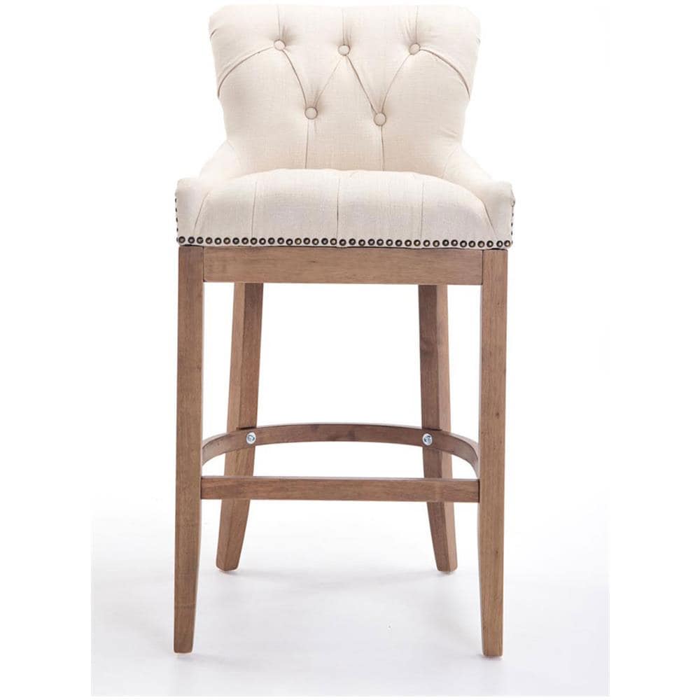 Sgabello Legno Lakewood Antico-Chiaro - Sgabello Alto Vintage in Tessuto - Sedia Bar Chesterfield con Poggiapiedi Alt. 74 cm Crema - Foto 2