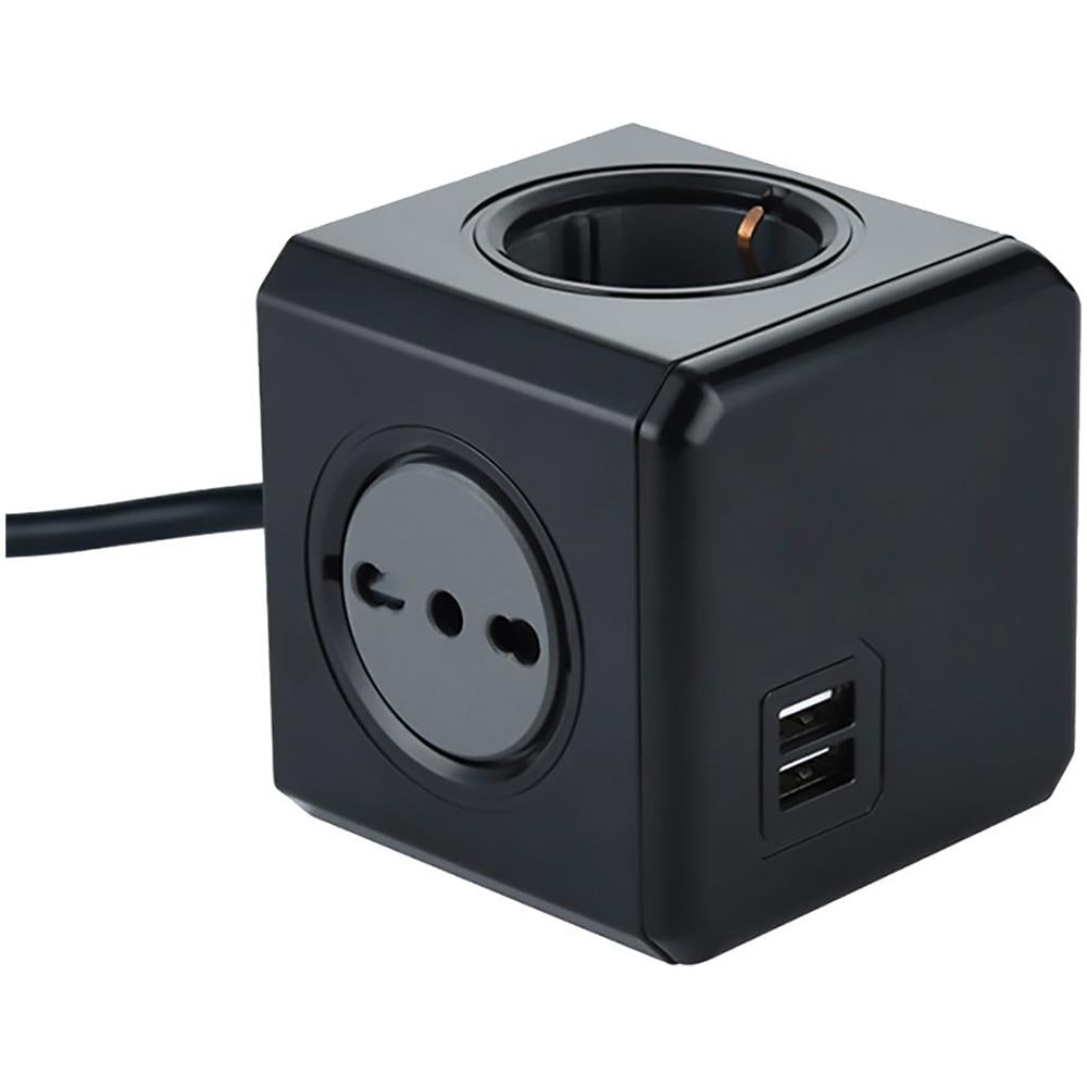 62099 Multipresa Cubo Powercube 4 Posti Con 2 Usb 2.1a, 2 Schuko + Spina Italiana, 2 Bivalenti 10/16 Italiane, Colore Nero, Cavo 1.5m - Foto 1