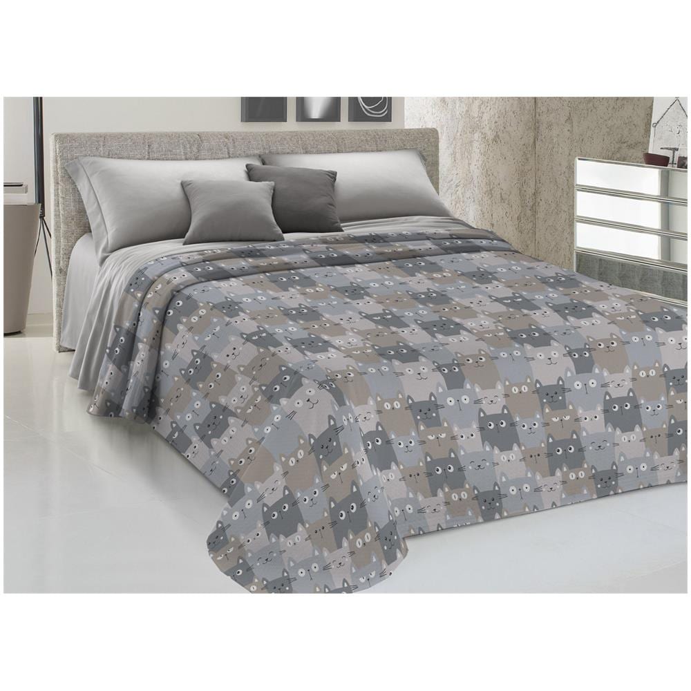 Copriletto Piquet Primavera Estate 100% Cotone Disegno Happy Cat 1 Piazza E Mezza Grigio - Foto 1