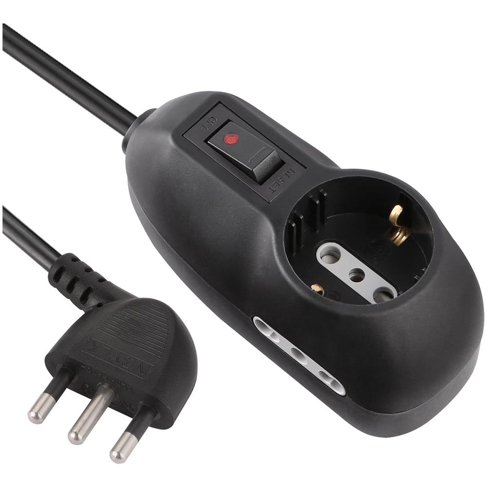 62043 Multipresa, 3 Posti, 1 Schuko, 2 Bivalenti 10/16a, Cavo 3 M, Spina Piccola 10a, Nero, 3m - Foto 1