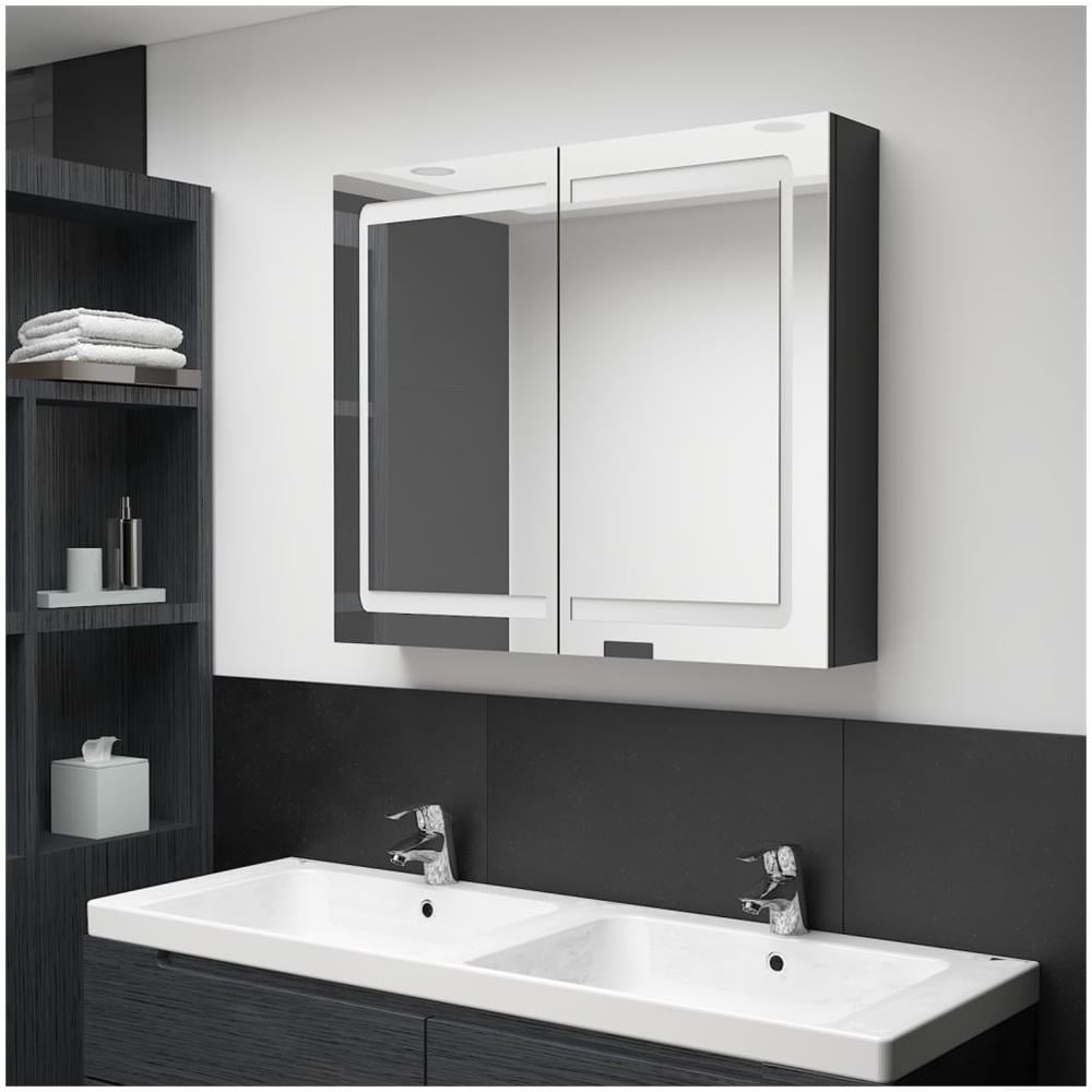 Armadietto Bagno con Specchio e LED Nero Lucido 80x12x68 cm - Foto 1