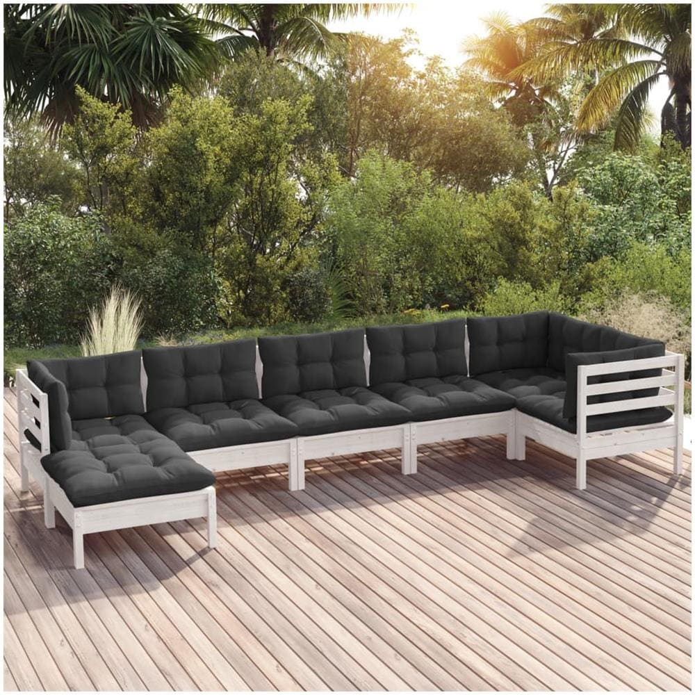 Set Divani Da Giardino 7 Pz Con Cuscini Bianchi Legno Di Pino - Foto 1