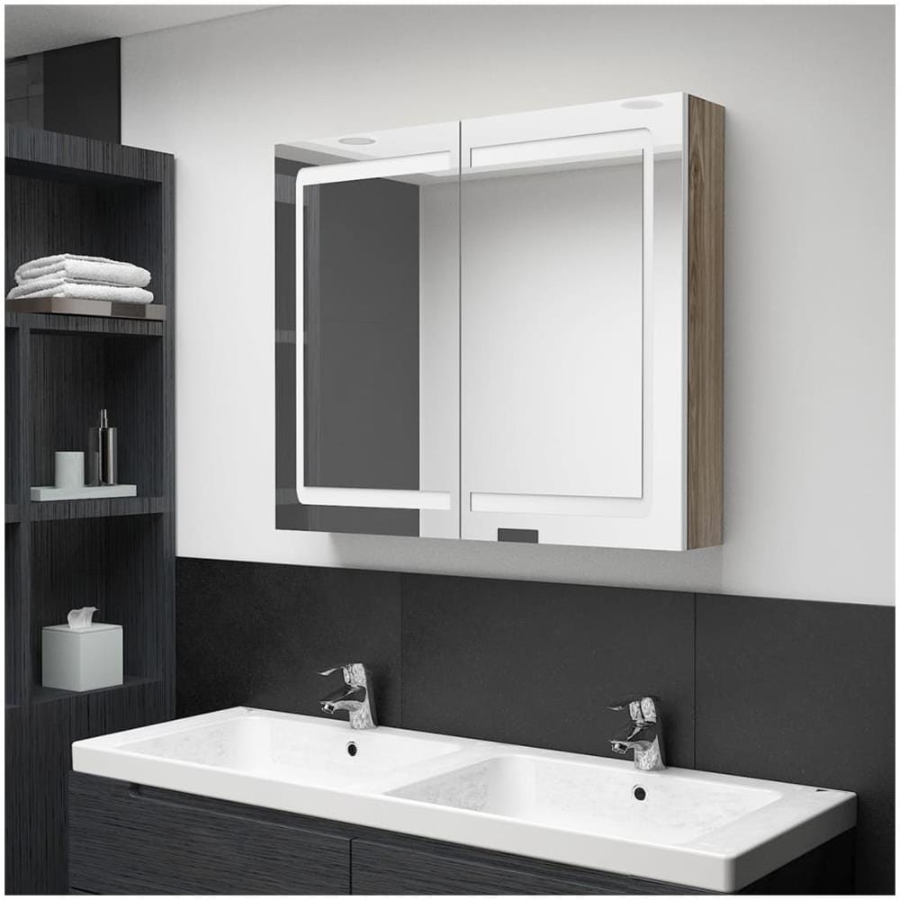 Armadietto Bagno con Specchio e LED Bianco e Rovere 80x12x68 cm - Foto 1