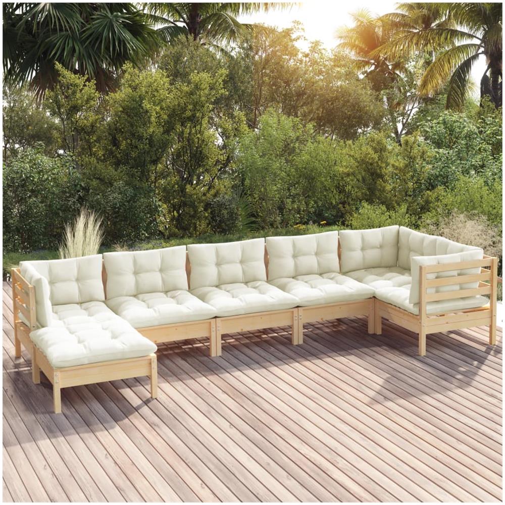 Set Divani Da Giardino 7 Pz Con Cuscini Crema In Massello Di Pino - Foto 1