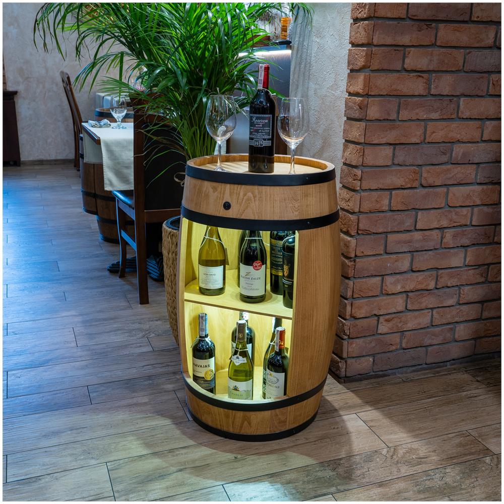 Botte In Legno Con Luci A Led, Armadietto Per Vino In Stile Retr? , Portabottiglie In Legno, Da 80 Cm Di Altezza, Elegante Decorazione Per Il Soggiorno, Tavolo E Portabottiglie (rovere) - Foto 3
