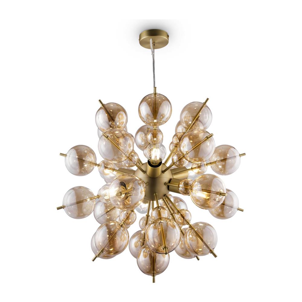 Lampadario Contemporanea Bolla Metallo Ottone 6 Luci Diffusori Vetro Ambra - Foto 1