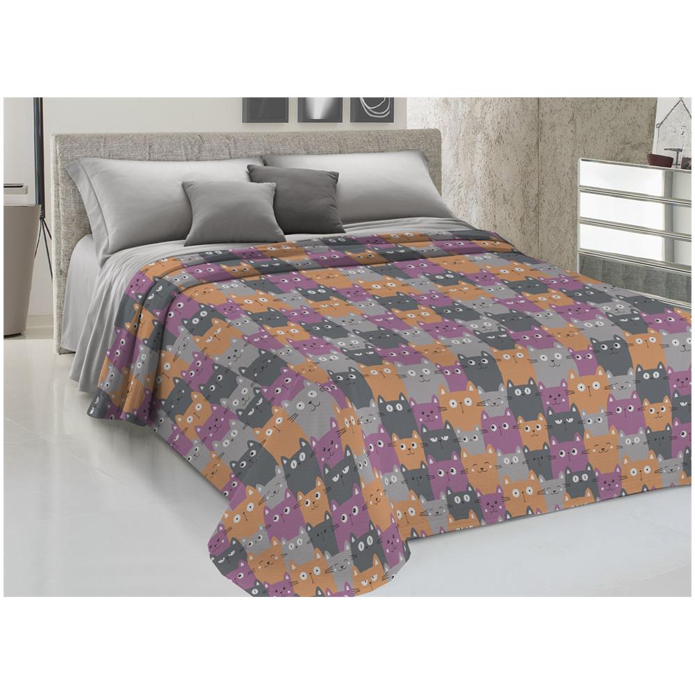 Copriletto Piquet Primavera Estate 100% Cotone Disegno Happy Cat Singolo Arancio - Foto 1