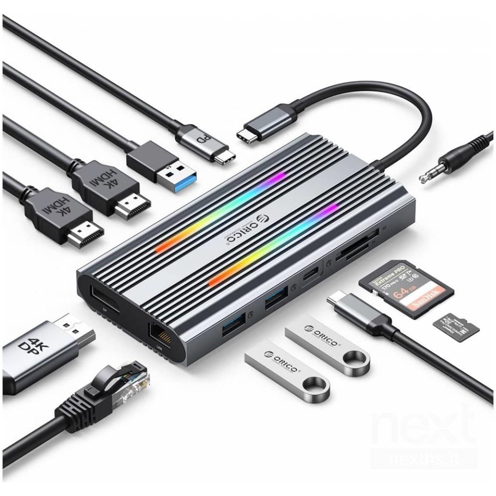 XDR-X33 Docking Station USB-C to 2*USB-C / 2*USB3.1/USB2.0/2*HDMI /DisplayPort /SD /TF /GLAN - Foto 1