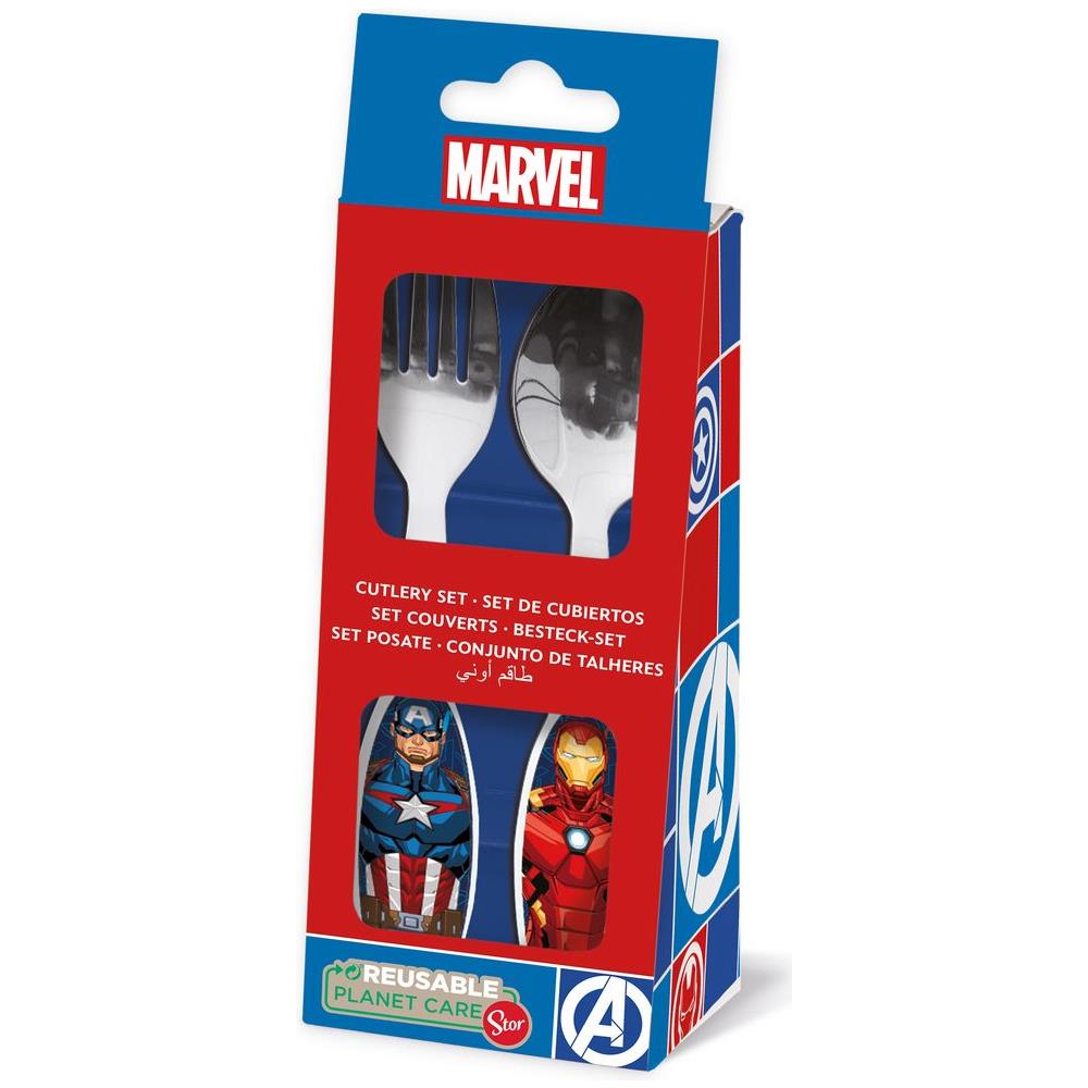 Set 2 Posate Blu Per Bambini In Acciaio Inossidabile Avengers Captain America Iron Man Con Punte Arrotondate - Foto 1