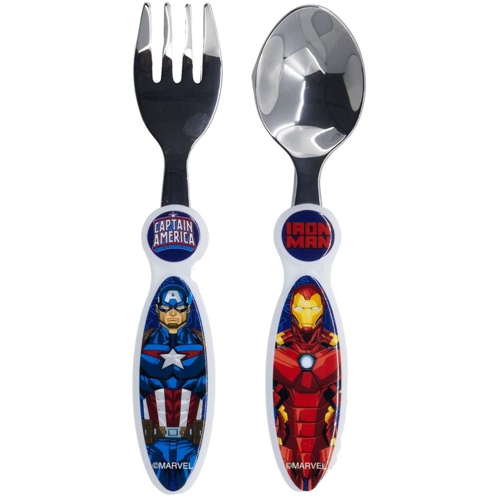 Set 2 Posate Blu Per Bambini In Acciaio Inossidabile Avengers Captain America Iron Man Con Punte Arrotondate - Foto 2