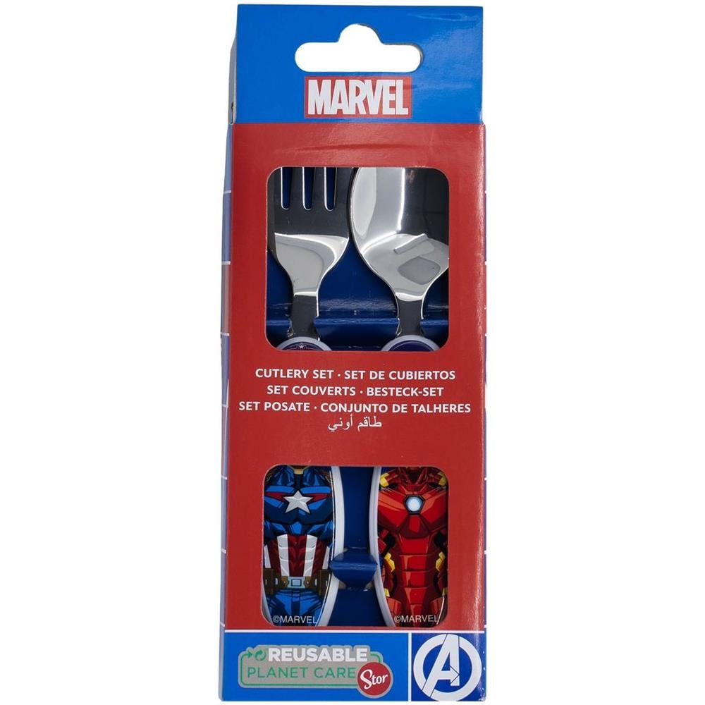 Set 2 Posate Blu Per Bambini In Acciaio Inossidabile Avengers Captain America Iron Man Con Punte Arrotondate - Foto 3