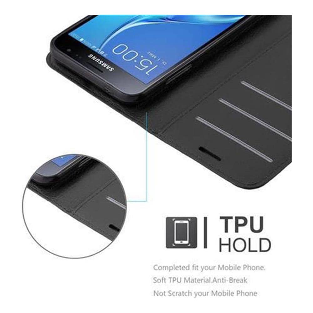 Custodia Compatibile Con Samsung Galaxy J3 / J3 Duos 2016 In Nero Carbone - Coperchio Protettiva Con Chiusura Magnetica, Funzione Stand E Tasca Per Le Carte - Foto 6