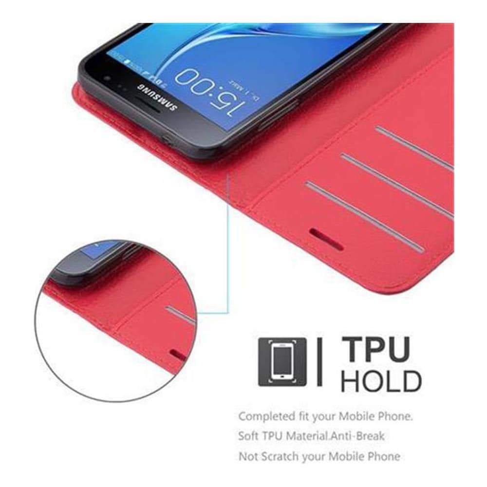Custodia Compatibile Con Samsung Galaxy J3 / J3 Duos 2016 In Rosso Carminio - Coperchio Protettiva Con Chiusura Magnetica, Funzione Stand E Tasca Per Le Carte - Foto 6