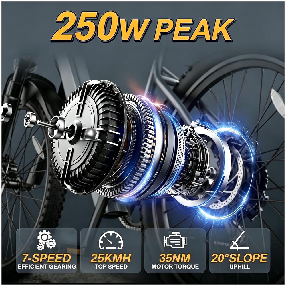 Bicicletta Elettrica 26'' con Portapacchi Posteriore L26D Batteria 36V 10Ah 250W 25km /h 25-40km 7 Velocità Display LCD Acceleratore a Pollice Freno Meccanico Telaio in Acciaio Faro LED E-bike Urbana Adulti - Foto 1
